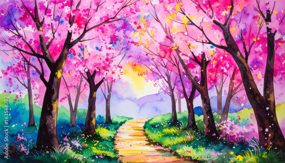 Naklejka premium A Serene Watercolor Painting of a Pathway Through a Forest of Cherry Blossoms, with Vibrant Pink Flowers and Lush Greenery, a Peaceful Spring Landscape