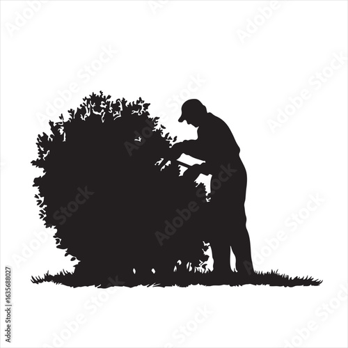  Silhouette of a Man Trimming a Bush - Vector Illustration