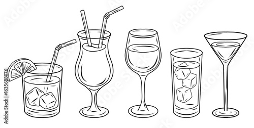 Vector illustration of various cocktail glasses with ice cubes, straws, and lemon slices. Drawn in outline style. Perfect for menu design, bar posters, or summer party invitations.
