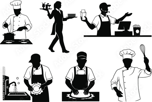 Vector art of culinary and service staff in a restaurant setting isolated on white background vector