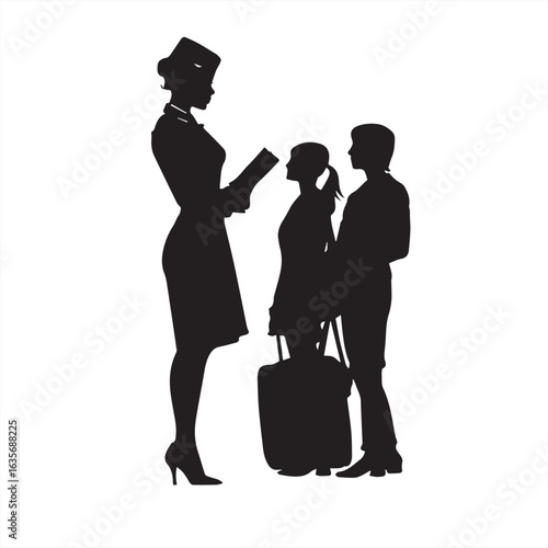  Silhouette of Flight Attendant Talking to Passengers – Vector Illustration