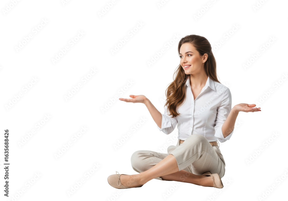 Young caucasian woman with long brown hair, white shirt, beige pants, seated with crossed legs and open hands, warm smile, on a white studio background with copy space, soft lighting, concept of open Young caucasian woman with long brown hair, white shirt, beige pants, seated with crossed legs and open hands, warm smile, on a white studio background with copy space, soft lighting, concept of open