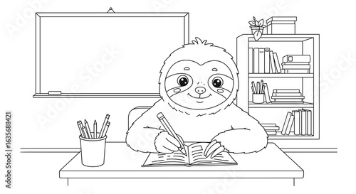 A black and white coloring book with a cute cartoon friendly sloth writes in a notebook with concentration against the background of a cozy copy space office