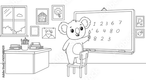 Black and white coloring book with cute cartoon cute koala teaches numbers enthusiastically on the background of copy space classroom