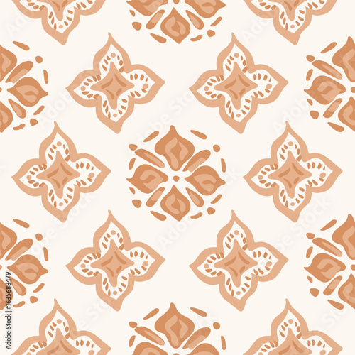 Hand painted detailed leaf shapes in a round ethnic motif pattern in colors of brown and cream on off white background. Folk art seamless vector pattern. Great for home decor, fabric, wallpaper, gifts