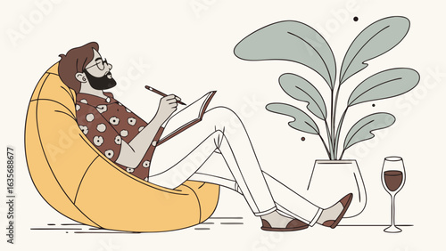Man with beard and glasses writing in notebook while relaxing in beanbag chair at home, vector illustration