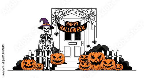 A festive Halloween scene featuring a skeleton in a witch's hat, decorated doorway with cobwebs and a "Happy Halloween" banner, surrounded by carved pumpkins and a picket fence.
