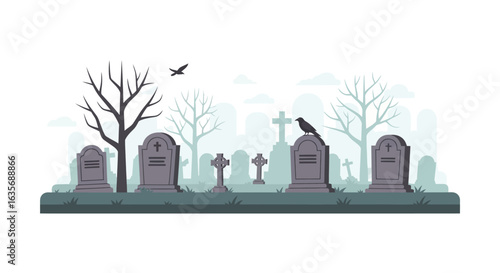 A spooky, atmospheric graveyard scene with weathered tombstones, bare trees, and a crow perched on a grave under a misty sky.