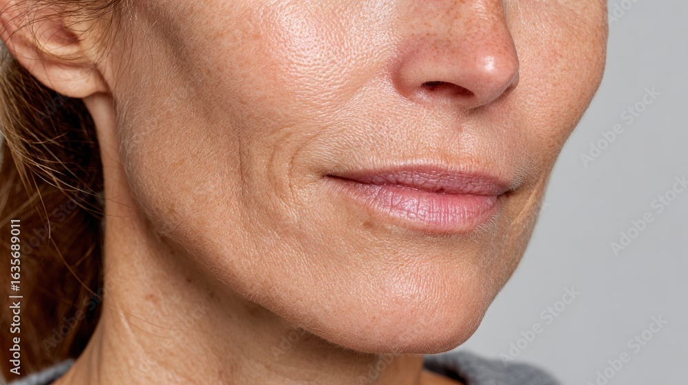 Obraz premium Close-up view of woman's lips highlighting perioral rhytids due to smoking and aging