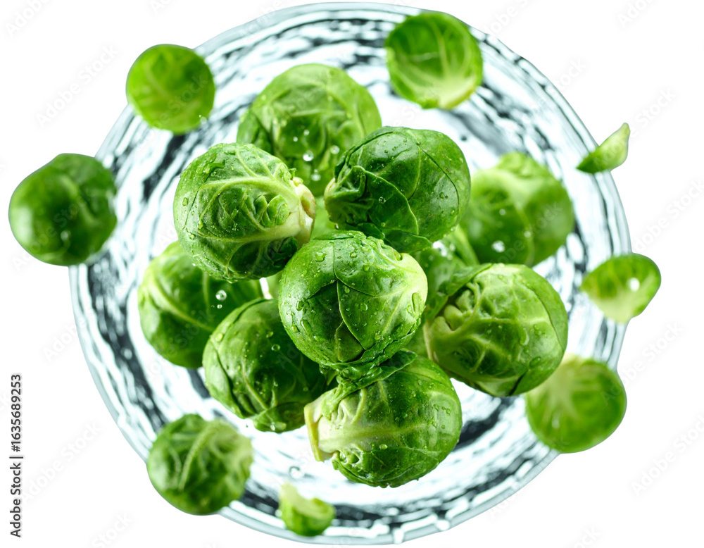 Obraz premium Floating Brussels Sprouts with Splash Ring of Water, Suspended in Mid-Air, Generative Art Style, Transparent Background PNG