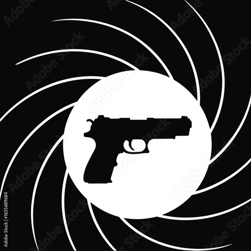Gun barrel, handgun, silhouette, spiral, James Bond, weapon, icon, black, graphic, cinematic, vector, design