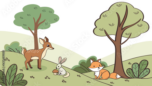 Illustration of a deer, fox, and rabbit in a forest setting with trees and green hills and mushroom present