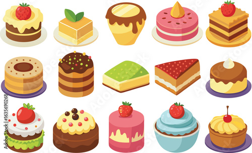 Assortment of fifteen colorful cartoon cakes and pastries Keywords: cake, pastry, dessert, sweet