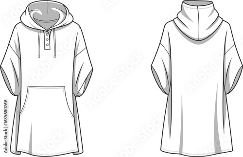 Hooded tunic sweatshirt fashion sketch, oversized hoodie template, kangaroo pocket pullover, short sleeve hoodie, technical flat vector