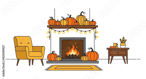 Cozy autumn living room scene featuring a fireplace adorned with pumpkins and string lights, complemented by a comfortable armchair and side table.