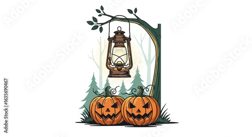 Two carved Halloween pumpkins sit beneath a vintage oil lantern hanging from a tree branch in a spooky forest setting.