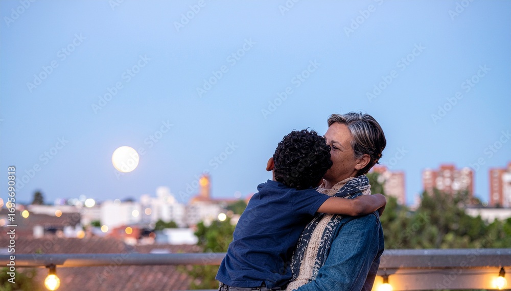 Fototapeta premium A woman tenderly embraces a young boy on a rooftop at dusk, with a full moon and city skyline in the background.