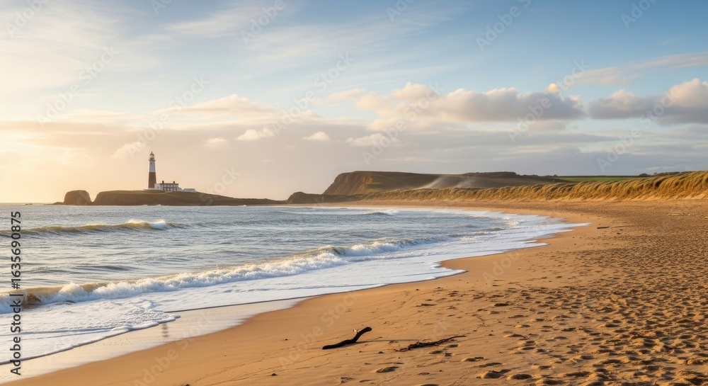 Obraz premium Coastal Serenity: Lighthouse Beacon Illuminating a Tranquil Beach Landscape