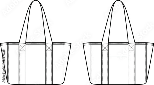 Tote bag line drawing, front and back views, long handles, vertical straps, horizontal strap, stitching details, fashion accessory sketch, bag design template, illustration.
