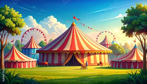 Colorful circus tents in a park-like setting under a sunny sky.