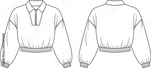 Cropped pullover technical drawing front and back, partial zipper, ribbed cuffs, ribbed waistband, collar detail, fashion sketch, garment design, apparel illustration, template.
