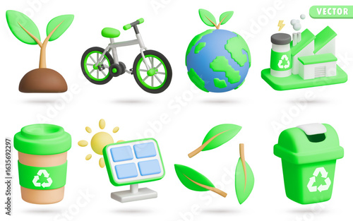 Environment 3D Vector Icon Set: seedling,bicycle,earth,factory,coffee cup,solar cell,leaf,garbage