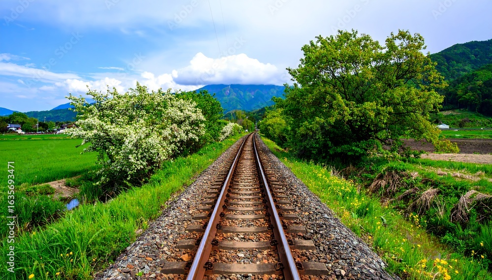 Fototapeta premium Railroad tracks through a rural landscape on a sunny day