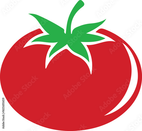 Simple red tomato with green stem and leaves icon