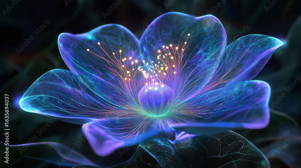 Obraz premium A digitally rendered flower with translucent petals and glowing stamen against a dark background