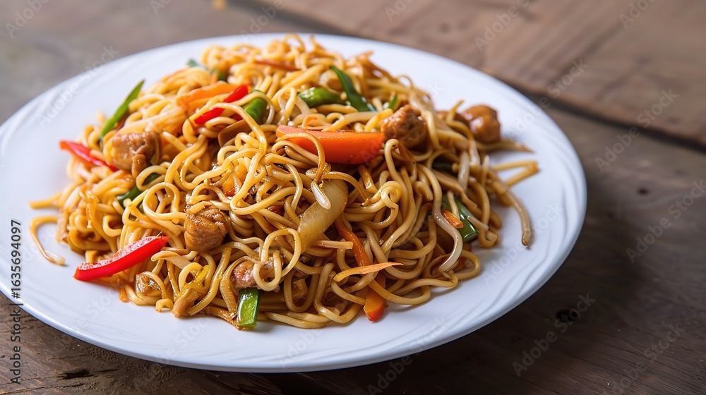 Delicious stir-fried dry noodles with vibrant vegetables like carrots, cabbage, and bell peppers, tossed with savory soy sauce, garlic, and sesame oil, garnished with green onions and sesame seeds, Delicious stir-fried dry noodles with vibrant vegetables like carrots, cabbage, and bell peppers, tossed with savory soy sauce, garlic, and sesame oil, garnished with green onions and sesame seeds,