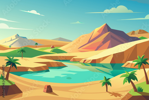 3D Style Oasis Background With Gentle Hills