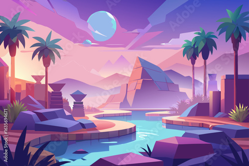 3D Style Oasis Background With Misty Light Effects