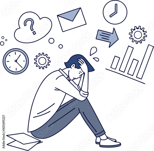 illustration Stressed man suffering from mental overload and work burnout.
