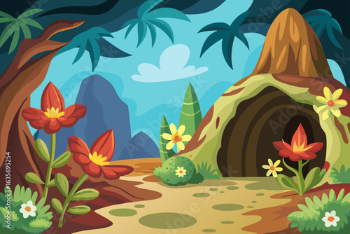 Cartoon Cave Background With Flower Patterns