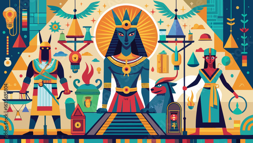 Ancient Egyptian scroll depicting pharaohs and various figures in traditional attire, showcasing historical scenes..eps