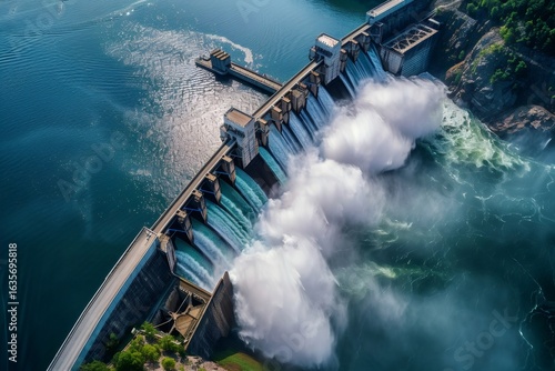 Hydroelectric dam releasing water, generating clean energy