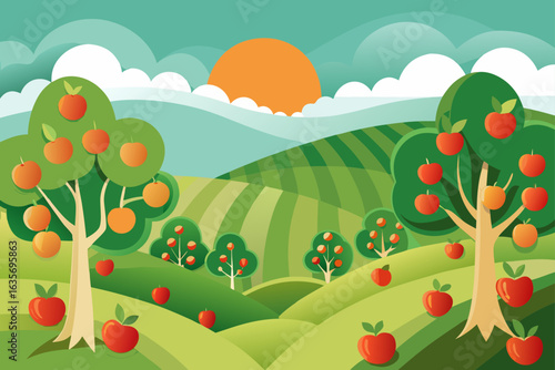 Cut Paper Style Orchard Background With Gentle Hills