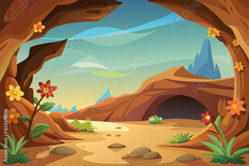 Desert Cave Background With Flower Patterns