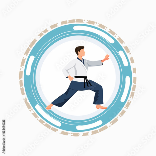 Karate Martial Artist Performing Defensive Stance in Uniform