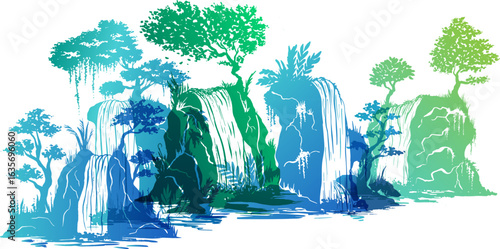Waterfall colorful silhouette. Hand drawn overlay vector illustration with mountain, flow rive and trees.