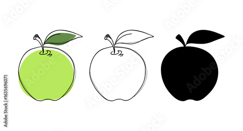 The apple is colored with a leaf. Vector illustration with a line, contour, silhouette, hand-drawn, flat design. A set of different versions of modern fruit graphic elements, icons for decoration