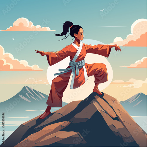 Mountain Warrior: Martial Arts Pose at Sunrise