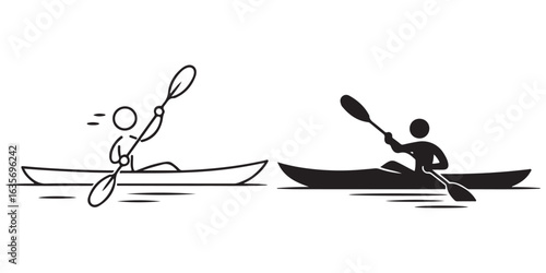 Vector illustration of a kayaker paddling, shown as a simple line art drawing and a solid black silhouette icon for sports.