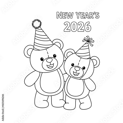 Adorable Teddy Bears in Party Hats:  Happy New Year 2026 Coloring Page Illustration