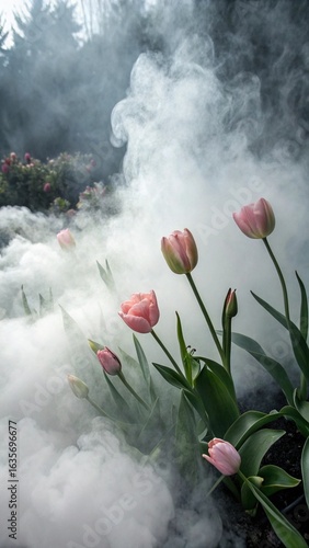 Delicate pink tulips emerge from mystical morning mist in a garden