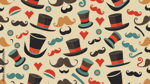 A repeating pattern featuring various hats, glasses, and mustaches in a playful design..eps