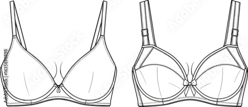 Bra technical sketch, lingerie vector template, fashion flat drawing, undergarment design, adjustable straps, bow detail, CAD illustration, intimate apparel, sewing pattern