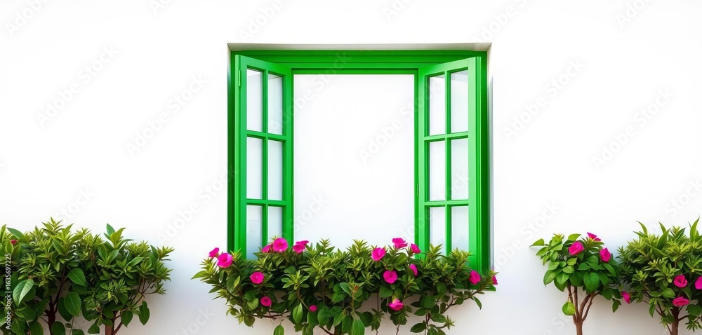 Fototapeta premium A vibrant green window frame sharply contrasts against a pristine white wall, abstract, bold