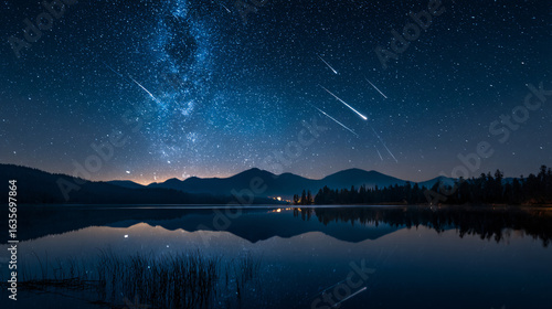 Night sky where meteor showers collide into celestial fireworks reflected in a still lake.