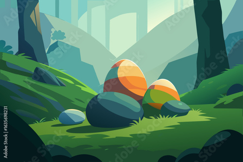 Whimsical easter eggs nestled in a vibrant green forest clearing with layered mountains in the background